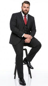 Men’s Black Skeleton Bone Pinstripe 3 Piece Suit – Gangster Style Striped Suit with Vest