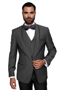 3-Piece Tailored Fit Wool Suit with Bow Tie and Flat Front Pants - Charcoal
