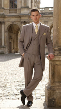 Men’s Light Kahki Sand 3-Piece Suit – Six-Button Jacket with Double-Breasted Vest and Pleated Pants Tan Color