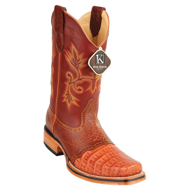 Men's King Exotic Square Toe Smooth Caiman Boots Rubber Sole Brown by King Exotic Boots main image 0