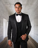 Mens One Button Shawl Lapel Vested Prom Tuxedo in Black Paisley