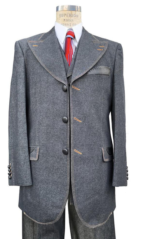 Denim Suit - Cotton Fabric Vested Suit - 3 Pieces Suit - Vested Fancy Black Suit
