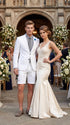 Men’s Cotton Fabric White 2 Piece Summer Suit with Shorts, Casual Beach Wedding and Resort Formal Outfit