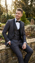 Men’s Shiny Sateen Charcoal Gray Tuxedo 3 Piece Suit with Black Shawl Lapel | Formal Wedding Prom Suit Sharkskin