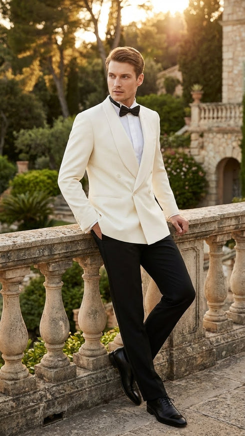 Men’s Ivory Double-Breasted Shawl Lapel Tuxedo Jacket | Premium Formal Dinner Jacket for Weddings and Black-Tie Events