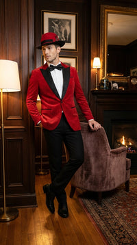 Men’s Red Velvet Fabric Rhinestone Blazer with Matching Red and Black Hat – Christmas New Year Holiday Party Jacket Set