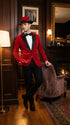 Men’s Red Velvet Fabric Rhinestone Blazer with Matching Red and Black Hat – Christmas New Year Holiday Party Jacket Set