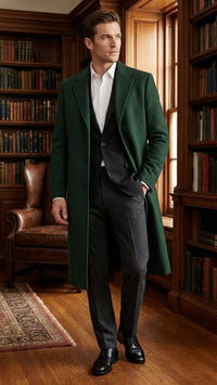 Men’s Hunter Green Full-Length Wool Overcoat – Classic Winter Dress Coat for Formal and Casual Wear Topcoat Mens Wintercoat