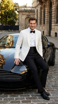 Men's White Dinner Jacket Tuxedo Blazer with Black Satin Shawl Lapel With Black Tuxedo Pants