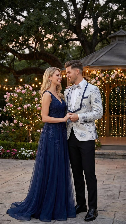 Men’s White and Navy Blue Lapel Floral Jacquard Blazer with Contrast Shawl Lapel – Luxury Wedding and Party Wear Jacket paisley Tuxedo Navy Pants