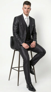 Men’s Black Three Piece Suit – Modern Fit 3PC Formal Suit with Vest for Wedding, Prom and Business Events Sharkskin Shiny Fabric