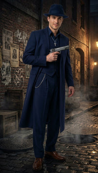 Men’s Navy Blue 1920s Zoot Suit – Long Mafia Gangster Three-Piece Vintage Costume Set Zuit Pachuco Style