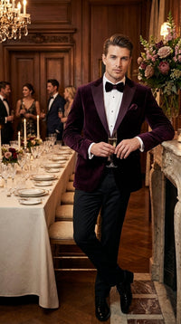 Mens Plum Eggplant Velvet Blazer Jacket – Luxury Velvet Dinner Jacket for Wedding, Tuxedo Events, Formal Parties in Burgundy Color