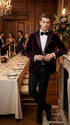 Mens Plum Eggplant Velvet Blazer Jacket – Luxury Velvet Dinner Jacket for Wedding, Tuxedo Events, Formal Parties in Burgundy Color