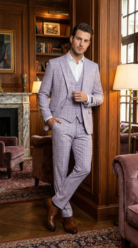 Men’s Lilac Lavender Windowpane Check 3 Piece Suit – Lilac Plaid Formal Suit with Vest for Wedding, Prom and Business Events