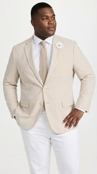 Mens Beige Seersucker Blazer – Lightweight Striped Summer Sport Coat Casual Smart Formal Blazer
