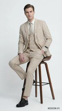 Mens Sand Beige 3 Piece Suit – Double breasted Vest Formal Suit Set and Dress Pants in Champaign Natural Summer Color