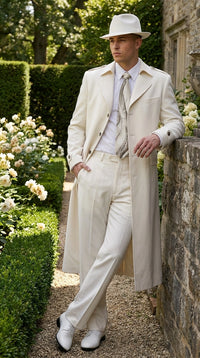 Men’s Ivory Cream Off White Full Length Zoot Suit – Vintage Gangster Style Long Coat Formal Suit