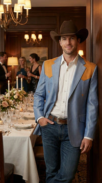 Men’s Sky Blue and Gold Western Cowboy Blazer – Classic Country Style Jacket, Vintage in Steel blue Color