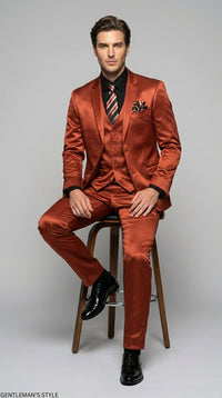 Men’s Rust Copper Coganc Shiny Sateen 3 Piece Suit, Vested Formal Wedding Prom Suit Set Ultra Slim Fit