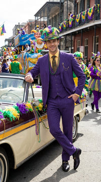 Men’s Purple Pinstripe Mardi Gras Suit | Three Piece Carnival Formal Suit with Vest