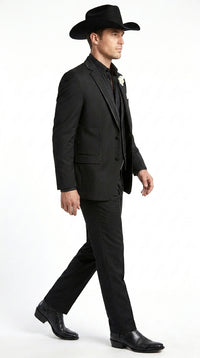 Men’s Black Western Tuxedo Suit, 3 Piece Cowboy Formal Wedding Prom Suit with Satin Trim
