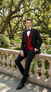 Statement Men's Black with Red Lapel Vested 100% Wool Tuxedo