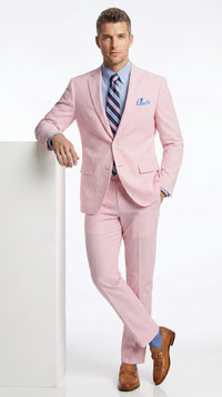 Men’s Pink Seersucker 2 Piece Suit, Lightweight Summer Dress Suit for Weddings, Prom, Parties, and Special Occasions