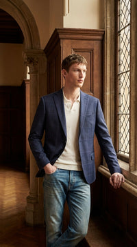 Men’s Navy Blue Plaid Wool Blazer – English Style Textured Wool Winter Sport Coat Windowpane pattern