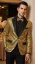 Mens Gold Sequin Blazer with Black Satin Lapel – Gold Formal Party Blazer Jacket for Prom, Wedding and Stage Events