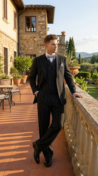 Men’s Black Pinstripe 3-Piece Suit Wool Suit – Classic Fit Single Button Suit with Wide Leg Pleated Pants By Tiglio Russo