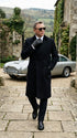 Men’s Black Double Breasted Overcoat, James Bond Inspired Long Formal Coat for Weddings, Business Events, Parties, and Winter Occasions
