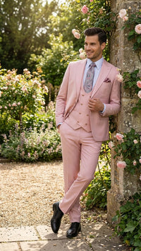 Men’s Blush Pink and Gold Three-Piece Suit – Tailored Fit Formal Wedding, Vested Suit By Rossiman