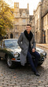 Men's Grey Herringbone Tweed Long Overcoat with Black Faux Fur Collar, Classic Winter Topcoat