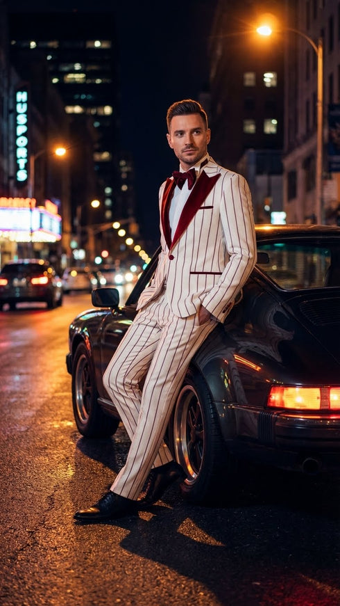 Men’s White and Dark Red Pinstripe Tuxedo with Velvet Shawl Lapel – Formal Dinner Blazer Prom Christmas New Year Holiday Suit