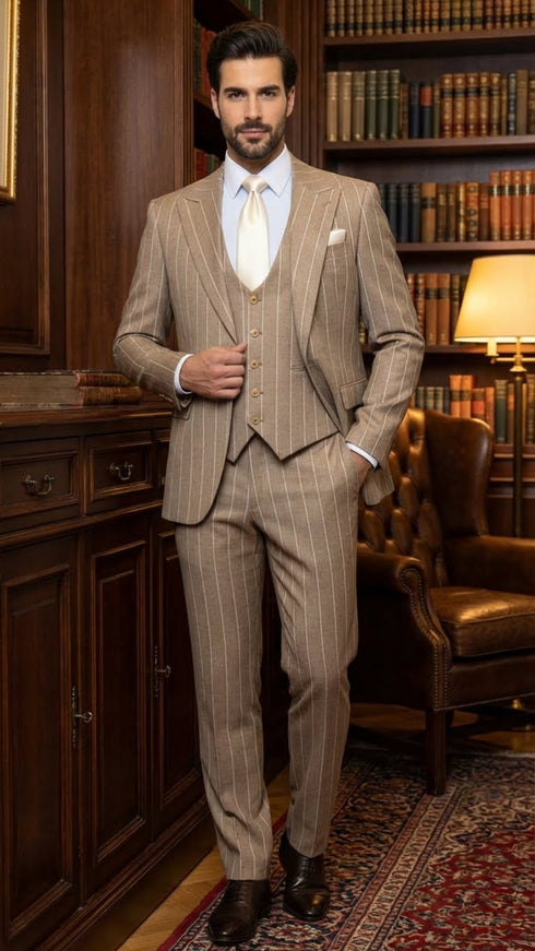 Men's Beige Pinstripe Three-Piece Vested Suit – Tailored Fit Business Attire in Tan Stripe by Rossiman