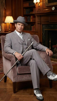 Men’s Gray Zoot Suit with Matching Hat and 1920s Shoes | Grey Vintage Wedding and Party Three Piece Suit