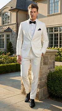 Mens White Wedding Tuxedo Suit – Formal Groom Suit Set Classic Dinner Jacket + White Tuxedo Shirt + Black Bow Tie