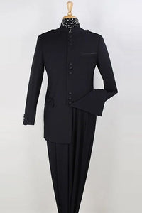 Mens Classic Military Banded Collar Mandarin Safari Suit in Black