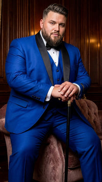 Men’s Shiny Royal Blue 3 Piece Tuxedo – Vested Wedding & Prom Suit with Black Shawl Lapel