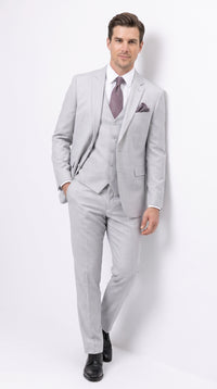 Men’s Light Grey Sharkskin 3 Piece Business Suit – Slim Fit Two Button Vested Wedding & Silver Suit