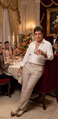 Tony Montana’s White Linen Shirt and Tan Pants – Men’s White Formal Shirt with Tan Trousers for Party, Wedding and Vintage Style Outfit