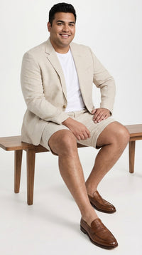Men’s Tan Linen Suit with Shorts, 2 Piece Summer Short Suit, Casual Beach Wedding Outfit