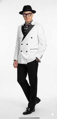 Men’s White and Black Double-Breasted Tuxedo – Modern Slim Fit Formal Suit for Weddings, Parties, and Special Occasions