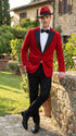 Men’s Red Velvet Fabric Rhinestone Blazer with Matching Red and Black Hat – Christmas New Year Holiday Party Jacket Set