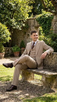 Men’s Beige tan Checkered Three Piece Suit with Classic Fit Wide Leg Pleated Pants by Rossiman khaki color