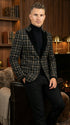 Mens Tartan Black and Gold Check Blazer – Windowpane Plaid Sport Coat Velvet Lapel Formal Party Jacket Chirsitmas New Year Holiday Jacket