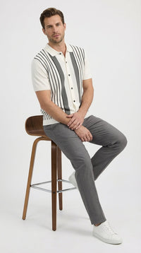 Mens White and Charcoal Gray Stripe Walking Suit Set – Short Sleeve Button Shirt and Pants Casual Summer Outfit for Travel, Vacation and Everyday Wear