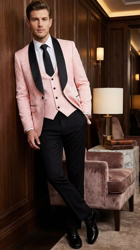 Men’s Blush Pink Tuxedo Suit Set with Black Shawl Lapel – 3 Piece Formal Wedding and Party Prom Vest + Black Pants