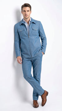 Men’s Light Blue Walking Suit – 2 Piece Casual Leisure Set with Zip Front Jacket Denim Style
